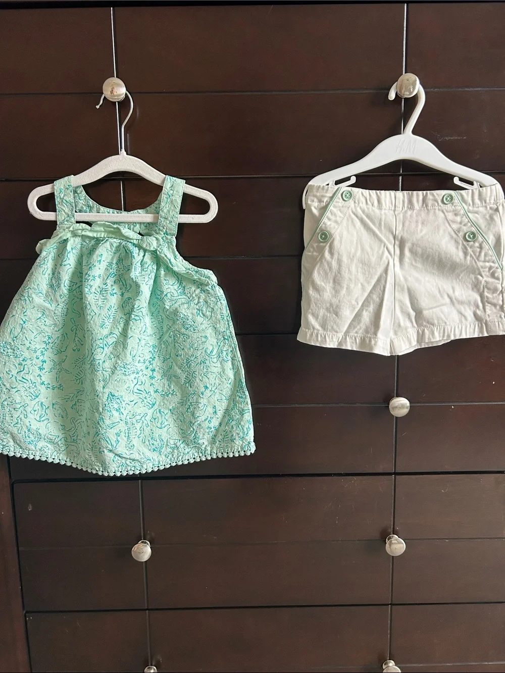 Mint Green Patterned Baby Tank Top with Cream Shorts